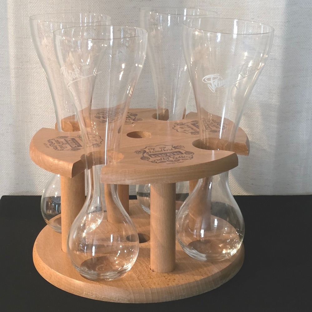 Vintage Pauwel Kwak Belgian 4 Glass Beer Set with Wooden Carousel Stand 0.3L